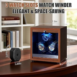Watch Winder for Automatic Watches, Wooden 3 Watch Winder with LED Light, 4 Modes Automatic Watch Winder Box with Super Quiet Motor, Memory Foam Pillows, Adapter Included, Luxury Gift for Men & Women