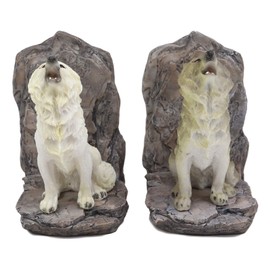 Ebros Animal Totem Spirit Howling Gray And Snow Wolves Decorative Small Bookends Figurine Set 5.5"Tall As Timberwolf or Wolf Decor For Library Book Shelves Fantasy Sculptures Wardens Of The North Wall