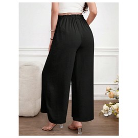 BEAUDRM Women's Maternity Elastic High Waist Pants Knot Front Wide Leg Pregnancy Pants Black Large