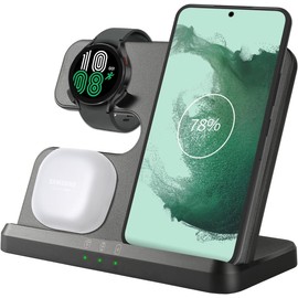 BVILY Cargador Inalámbrico 3 en 1, Estación de Carga Inalámbrica Rapida Compatible con Galaxy S23 Ultra/S22 Ultra/S21/S20/S21 FE/Z Flip 4, Galaxy Watch 5/4/3/Active 2, Galaxy Buds 2/Buds+/Live