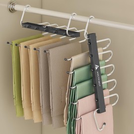 2 Pack 5-Tier Space Saving Hangers, Stainless Steel Black Closet Organizer for Pants, Jeans，Skirts, Scarves - Durable & Heavy Duty