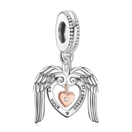 LaMenars Angel Wings & Heart Dangle Charm for Bracelet 925 Sterling Silver Love Bead Charms with Cubic Birthday Anniversary Jewelry Gifts for Women Girls Mom Wife