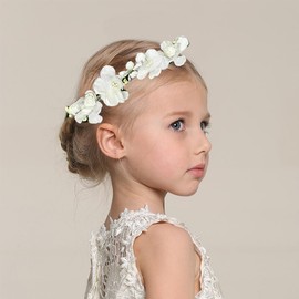 Flower Branch Tiara Crown Headband for Women Cute Fabric Cherry Rose Floral Leaves Hair Accessories Dainty Wedding FlowerGirls Page Boy Flower Wreath Adjustable Ribbon Jewelry(White)