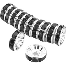 Allb 100Pcs Rondelle Spacer Beads 8mm Silver Plated Czech Crystal Rhinestone for Jewelry Making Loose Beads for Bracelets, black
