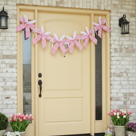 Hahafelt Easter Bunny Ear Garland Pink Gingham Bow Garland with Bunny Ears Coquette Easter Rabbit Banner Hanging Decor for Spring Birthday Baby Shower Party Supplies Home Wall Window Decoration