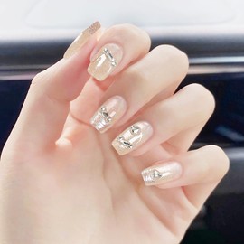 Nude Press on Nails Short Square Glitter Fake Nails with Glue Gemstone Rhinestones Acrylic Nails Full Cover Glossy False Nails for Women DIY Manicure Decoration 30PCS Reusable Artificial Nails