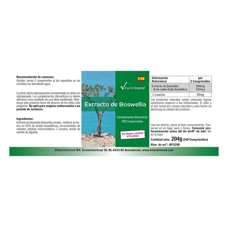 Boswellia Frankincense 400 mg Extract 240 Tablets Vegan 65% Boswellia