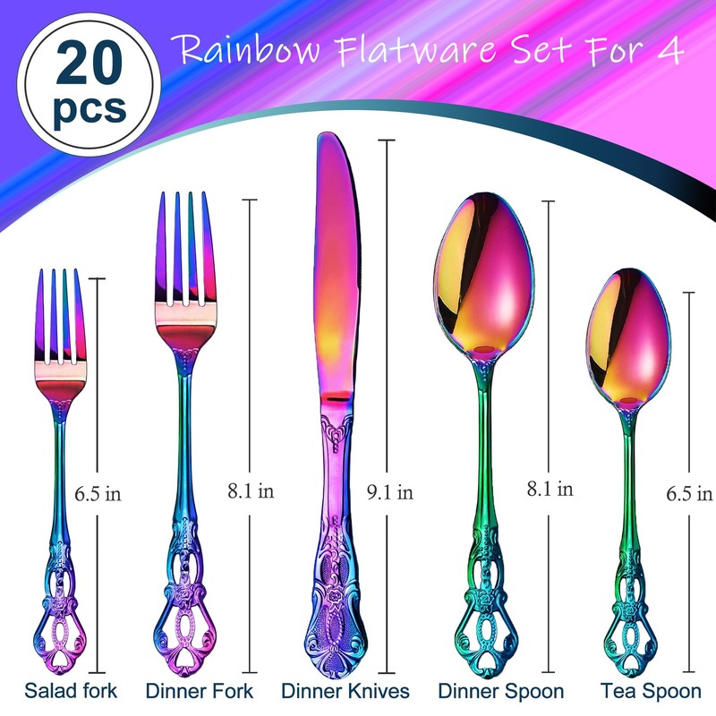 Runfly Gorgeous Retro Royal Rainbow Stainless Steel 20 Pieces Flatware