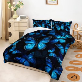 OUIXOTIC Blue Butterfly Bedding Sets Queen Dreamy Butterfly Comforter Set, Butterfly Comforter Set for Girls Kids Teens 3 pcs Bed in a Bag Bedding Sets, Black Bed Set with1 Comforter and 2 Pillowcase