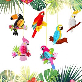 JZK 6 x Tropical Bird Honeycomb Paper Cutouts Parrot Honeycomb Paper Cutouts Silhouettes Party Hanging Decorations for Hawaiian Luau Tiki Rainforest Theme Party Supplies