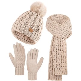 Women Winter Beanie Hat Scarf Gloves Set Pom Hat with Warm Fleece Lined Long Knit Scarf Touchscreen Gloves for Cold Weather