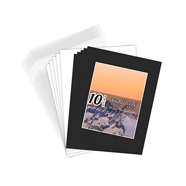 Golden State Art, Pack of 10 Black Pre-Cut 16x20 Picture Mat for 11x14 Photo with White Core Bevel Cut Mattes Sets. Includes 10 High Premier Acid Free Mats & 10 Backing Board & 10 Clear Bags