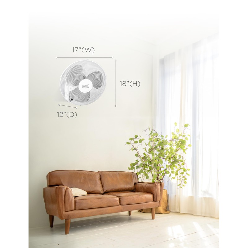 BLACK+DECKER 16" Wall Mount Fan With Remote Control, Oscillating With