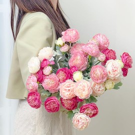 Molilito Artificial Flowers Silk Peony Pink Flowers Combo Rose Red Silk Flowers Bouquet 10Pcs 30Heads Fake Peonies for Faux Floral Arrangements Home Table Kitchen Wedding Party Farmhouse Decor