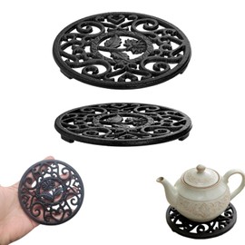 Xygobla 2 Pack Cast Iron Trivet with Pegs, 11.7cm Round Heat Resistant Stand | Vintage Floral Pattern Non-Slip Metal Coaster for Hot Pots, Pans & Teapots – Heat Resistant Kitchen Counter Protector