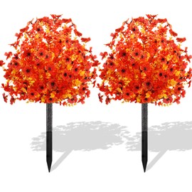 Lcuasc 2pcs Fall Artificial Eucalyptus Daisy Topiary Ball,Fall Decor Artificial Shrub Bushes with Ground Spike,UV Resistant Fake Tree for Porch,Artificial Plants for Outdoor Planters (Fall Orange)