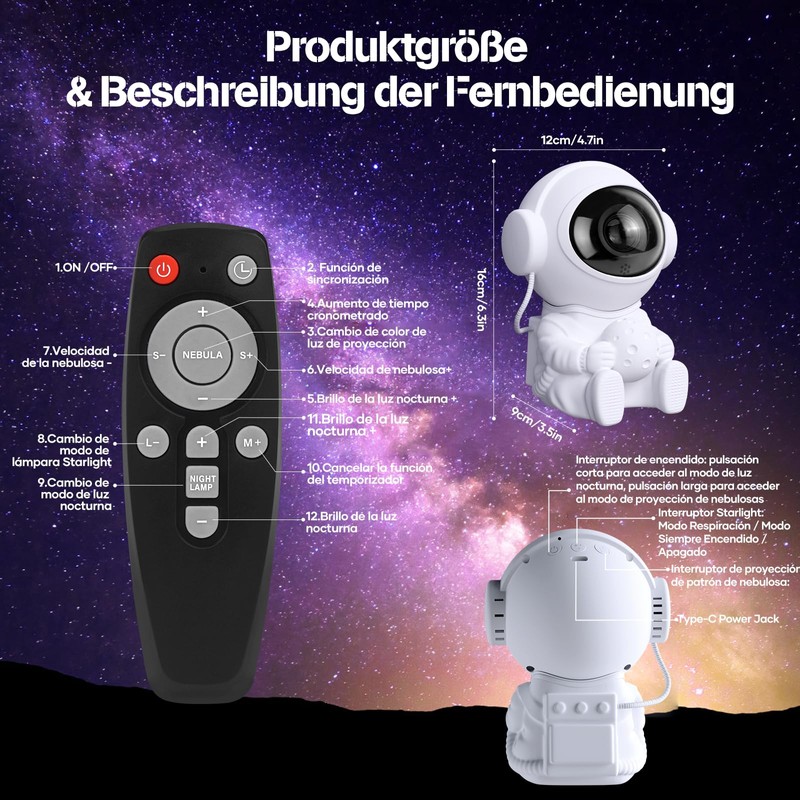 Astronaut Projektor 9 Sternenhimmelmodi, Sternenhimmel Projektor 2 Sternenlichtmodi (per Fernbedienung