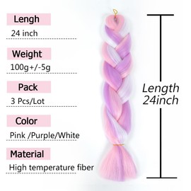 AFNOTE Rainbow Braid in Hair Extensions 24 inch 3 Packs Synthetic High Temperature Jumbo Braiding Hair Profession Crochet Colored Hair Extensions for Braiding(Purple/Pink/White)
