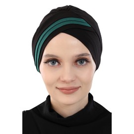 Aisha's Design Envolturas de cabeza de turbante instantáneo preatadas para mujer, 95% algodón, bufanda hiyab 2 colores, Negro - Verde Oscuro, Talla única