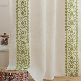 ColorBird Boho Semi Sheer Curtains Giliterr Green Floral Embroiderd Linen Textured Patterned Curtains & Drapes 84 Inches Long for Living Room Decor Bedroom Bathroom Bedroom Window Treatment