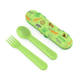 Bentgo® - Juego de utensilios para niños, tenedor, cuchara y estuche de plástico reutilizable, materiales sin BPA, asas de fácil agarre, apto para lavaplatos, ideal para almuerzos escolares, viajes y exteriores (Safari)