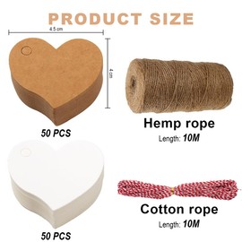 YOYEAH Pack of 100 Heart Kraft Paper Tags - Gift Tags for Weddings and Christmas with 10 m Natural Jute and 10 m Cotton Thread - Paper Hearts for Labelling, Name Tags and Wish List