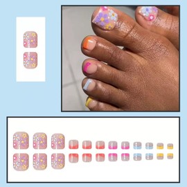 24Pcs Colorful Flowers Press on Toenails Short Square, ZIFANHU Summer Fake Toe Nails Press ons Rainbow French Nail Tips Glue on Nails Full Cover Acrylic False Toenails Stick on Nails for Women