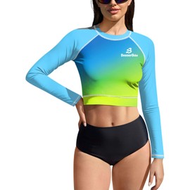 Women Summer Crop Swim Swimming Uv Rash Guard Sun Protection Sunscreen Sunproof Swimwear Blue Green Gradient L