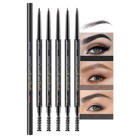 5 Pcs Dual-Sided Auto-rotate Ultra-Fine Tip Eye Brow Pencils Pack,Draws Tiny Precise Brow Makeup, Defines, Fills Brows, Shapes, Contours, Combs, ‌1mm Pen Point (Black+3*Milk Tea+Gray)