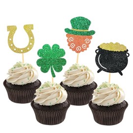 24 Pcs St Patrick's Day Cupcake Toppers, Four Leaf Clover Leprechaun Hat Horseshoe Shamrock Cupcake Toppers for St Patrick's Day Party Decorations (Mix A)