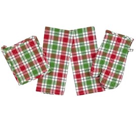 Serafina Home Christmas Plaid Kitchen Set, 4 Piece, 100% Cotton, 1 Oven Mitt, 1 Pot Holder, 2 Towels, Red/Green/White Tartan