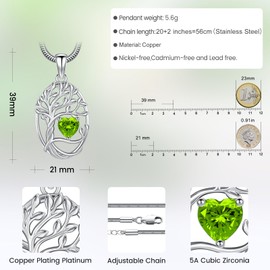 Eusense Tree of Life Necklace Birthstone August Pendant Copper Heart Necklace Tree Life Pendant Jewelry Gift for Women Ladies Girls