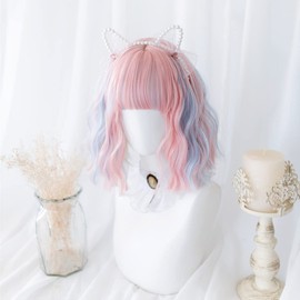 Eileen Short Pink x Blue Wig, Harajuku Style, GAL Type, Heat Resistant, Natural Fluffy, Curly Perm, Medium Wig, Curly Hair, Small Face Effect, Net Included