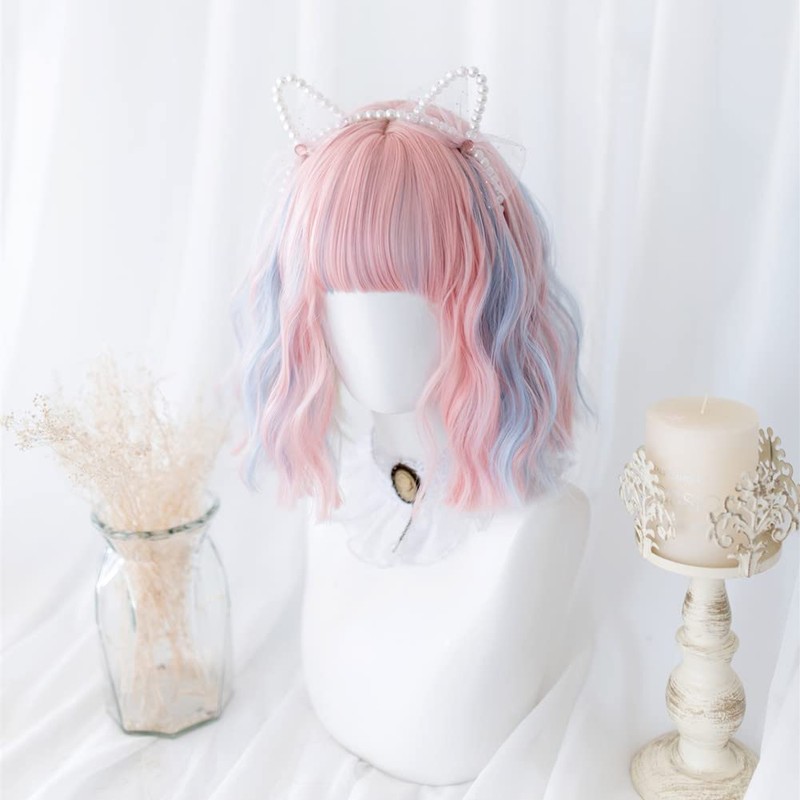 Eileen Short Pink x Blue Wig, Harajuku Style, GAL Type,
