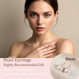 Rose Gold 8mm White Pearl Stud Earrings for Women - Hypoallergenic Pierced Cultured Pearls Jewelry Gift, High Luster Classic Earrings