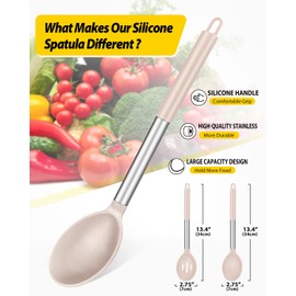 Pack of 2 Large Silicone Cooking Spoons,Non Stick Solid Basting Spoon,Heat-Resistant Kitchen Utensils for Mixing,Serving,Draining,Stirring (STAINLESS STEEL KHAKI)