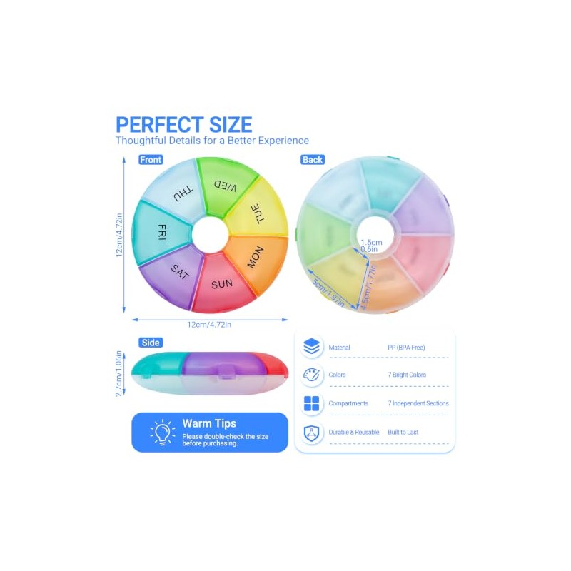 Portable Round Weekly Pill Box 7 Day Dosset Box, Multicolor