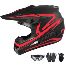Youth Kids Motocross Helmet, Adult ATV Dirt Bike Helmet, Off-Road BMX 7-Wheeler Full Face Motorcycle Helmet W/Goggles Gloves & Mask, DOT Approved, Red, M