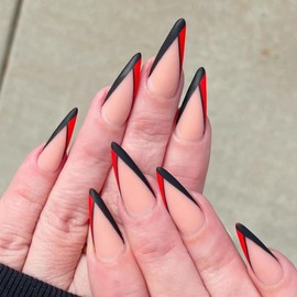 French Tip Press on Nails Long Stiletto Fake Nails with Red Black Edge Designs Nude Matte False Nails Full Cover Glue on Nails Reusable Stick on Nails for Women Manicure Art 24Pcs