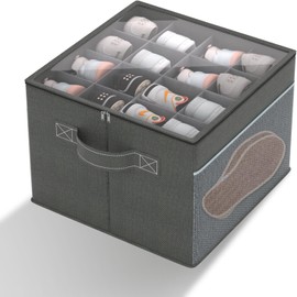 artgeeker Shoe Organizer for Closet- Fits 16 Pairs, Large Foldable Shoe Storage with Clear Cover, Grey Adjustable Dividers Shoe Containers with Mesh Pockets and Pull Handles,Grey