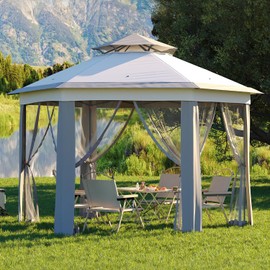 HarmonyHealth Pop Up Gazebo, 13 x 13FT Hexagonal Outdoor Canopy Shelter, Instant Patio Gazebo Tent With Mesh Netting and Strong Steel Frame for Patio Backyard Garden Wedding Party,Light Gray+Dark Gray