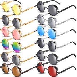 12 Pairs Steampunk Sunglasses Round Sunglasses Retro Hippie Glasses Vintage Gothic Circle Glasses for Women Men (Retro Colors)