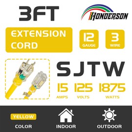HONDERSON Extension Cord Weatherproof with Lighted End, UL Listed, 12 Gauge 3FT Yellow 3 Prong Heavy Duty, 12/3 SJTW 15A Power Cord for Lights, Lawn