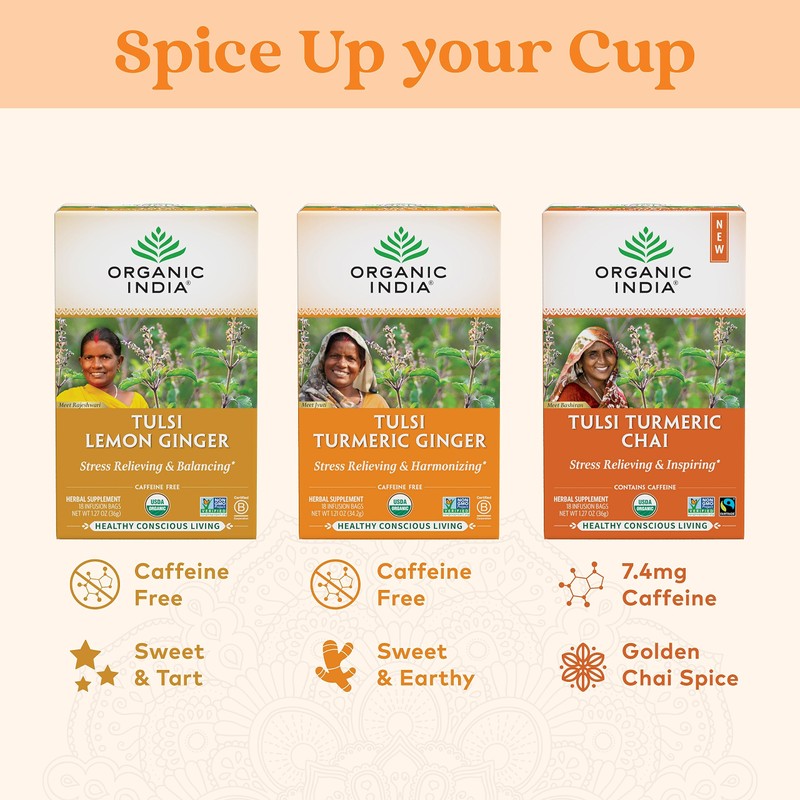 ORGANIC INDIA Tulsi Turmeric Ginger Tea Bags - Herbal Tea,