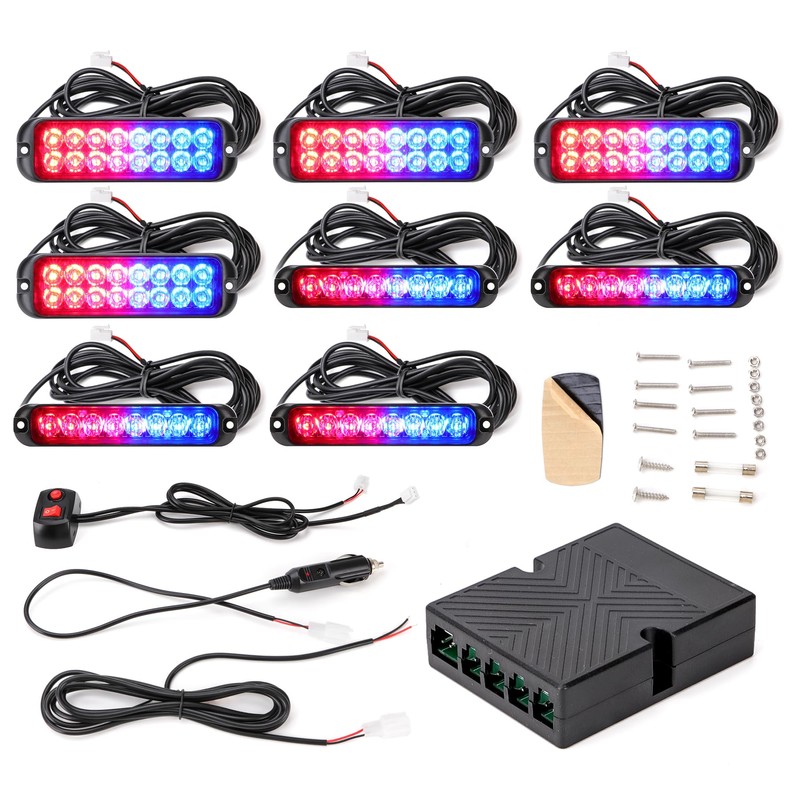 V-SEK 8PCS LED Red Blue Strobe Lights Kit 8-LED 16-LED