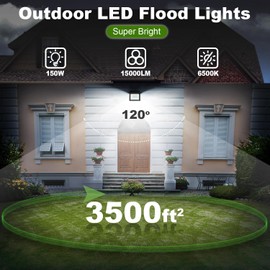 QIYEKA 2 Pack 150W LED Flood Light Outdoor,15000LM Work Spotlight with US Plug,6500K Daylight White,IP66 Waterproof Exterior Security Floodlights for Yard,Garden,Backyard,Patio,Stadium,Parking Lot