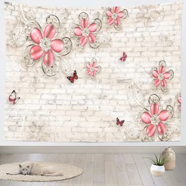 Loccor 7x5ft Fabric Brick Wall Tapestry Pink Crystal White Wall Tapestry Wall Hanging Vintage Polyester Print Wall Covering for Kids Adults Bedroom Living Room Dorm Home Aesthetic Decor Background