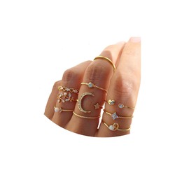 GYRMMUE Boho Stackable Rings Sets for Women,Gold Stacking Rings Set Vintage Knuckle Rings Moon Star Wave Peak Butterfly Flower Leaf Finger Rings Joint Midi Trendy Rings Sets (b)