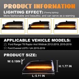 Nrgedzam 2PCS Sequential LED Side Mirror Marker Light fit For Ford Ranger T6 2012-2019; Everest 2015-2019, Somked Lens Dynamic Sequential Amber LED Side Mirror Turn Signal Marker Lights