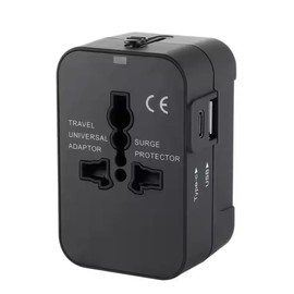 Universal Travel Adapter with Surge Protection, 2 USB Ports, International Power Converter, Black